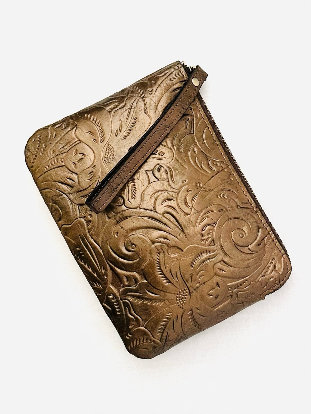 Patricia Nash Cassini Bronze Hand-Tooled Leather Zip Wristlet